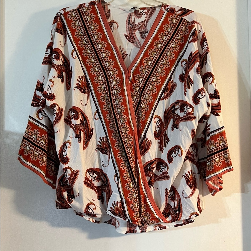 Paisley Wrap-Style Tunic Top in Rust and White